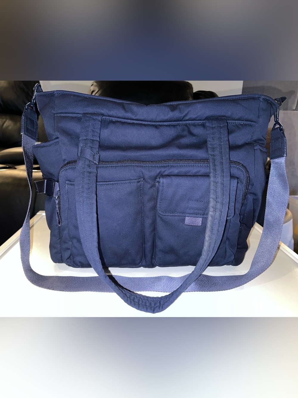 Vera Bradley Utility Tote Bag | Navy Blue with Blue Floral Pattern Interior
